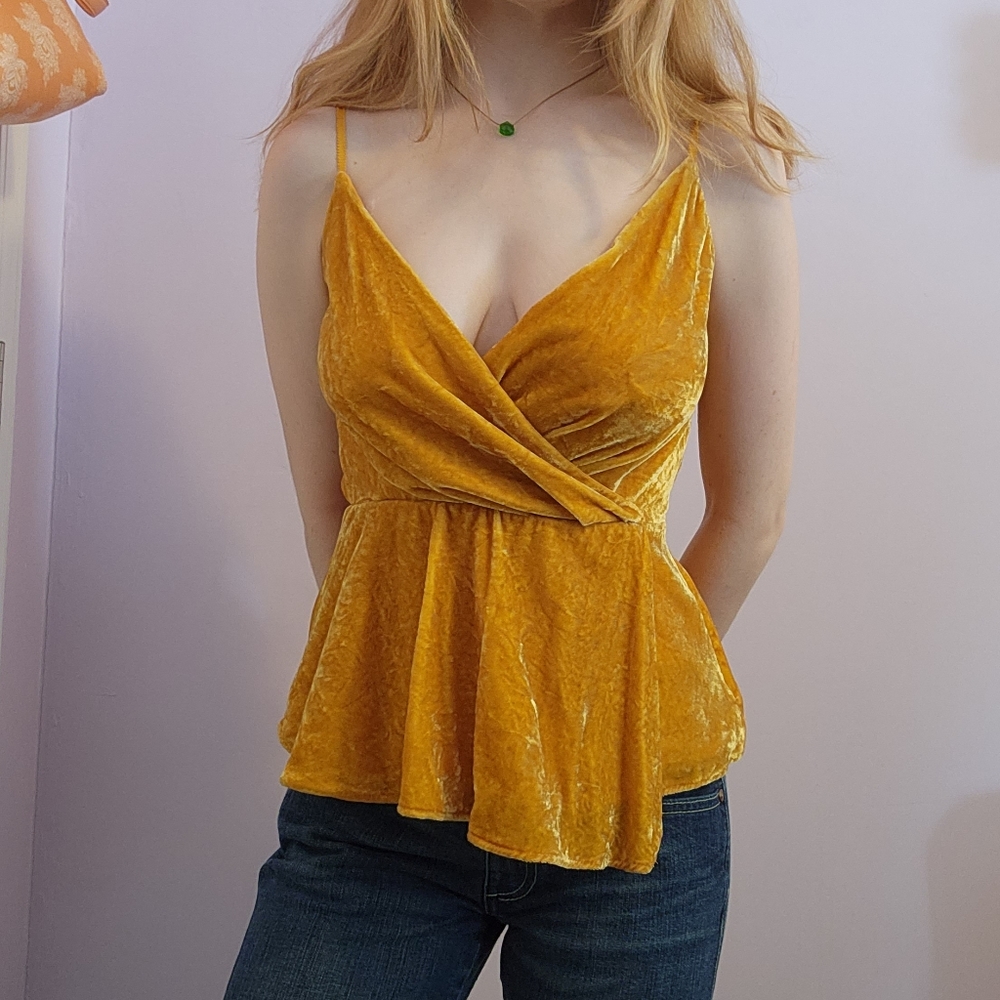 J. Crew Gold Orange Crushed Velvet Wrap Surplice Peplum Top size XXS